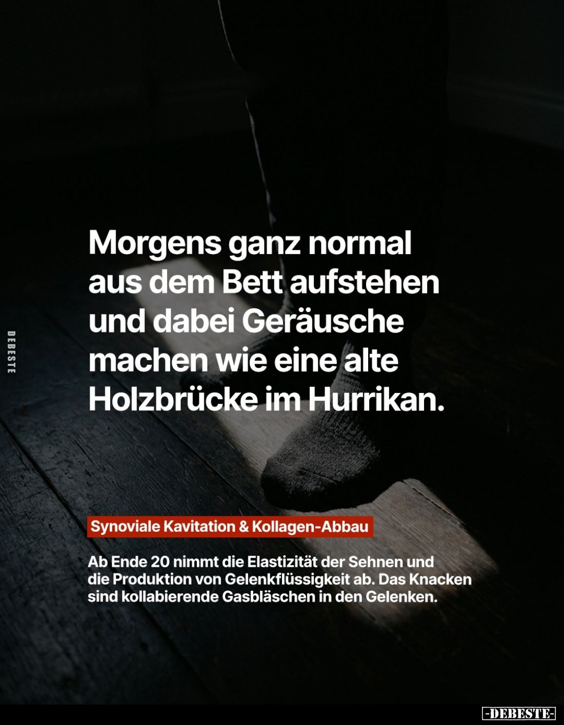 Morgens ganz normal aus dem Bett aufstehen und dabei Geräusche machen wie eine alte Holzbrücke im Hurrikan.
-
Synoviale Kav...