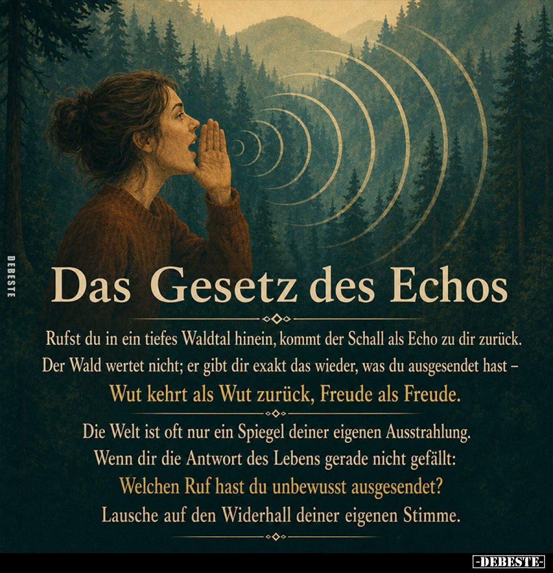 Das Gesetz des Echos.
Rufst du in ein tiefes Waldtal hinein, kommt der Schall als Echo zu dir zurück. Der Wald wertet nicht;...