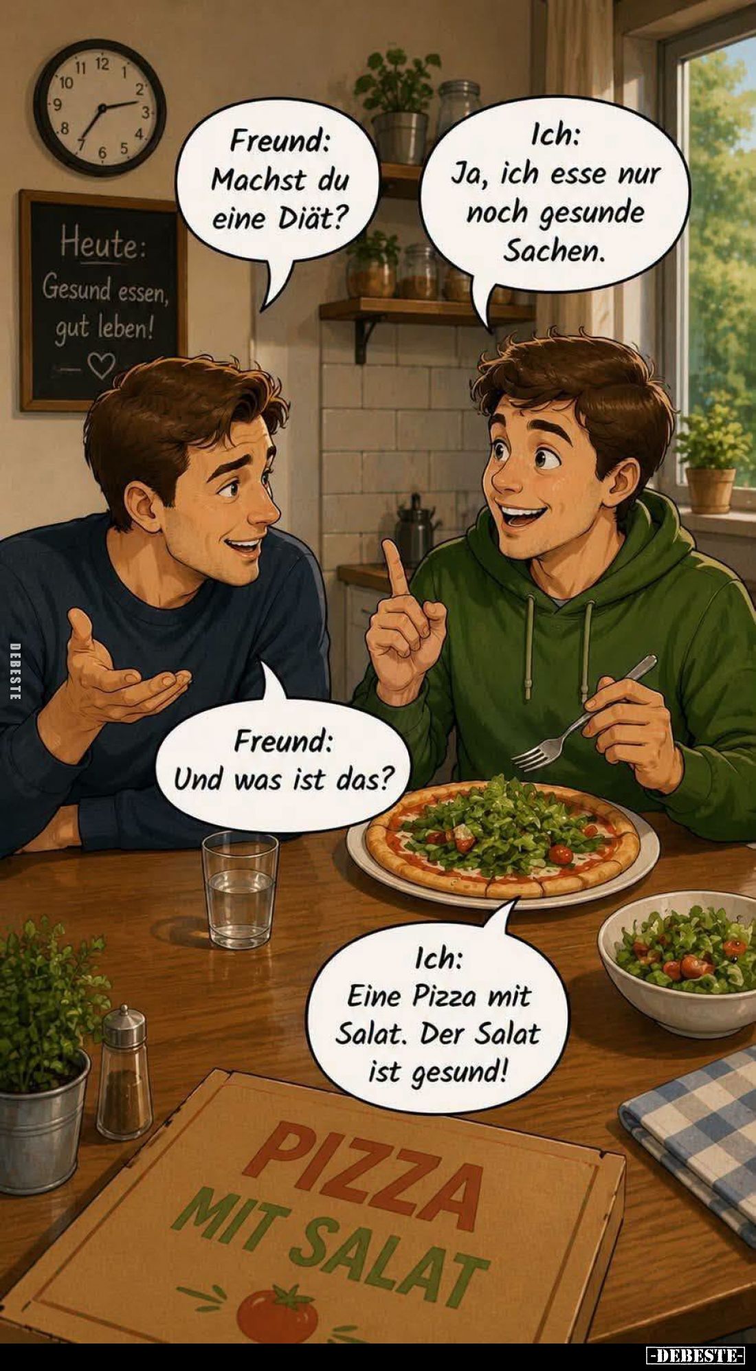 Freund: Machst du eine Diät? -
Ich: Ja, ich esse nur noch gesunde Sachen. -
Freund: Und was ist das? -
Ich: Eine Pizza mit...
