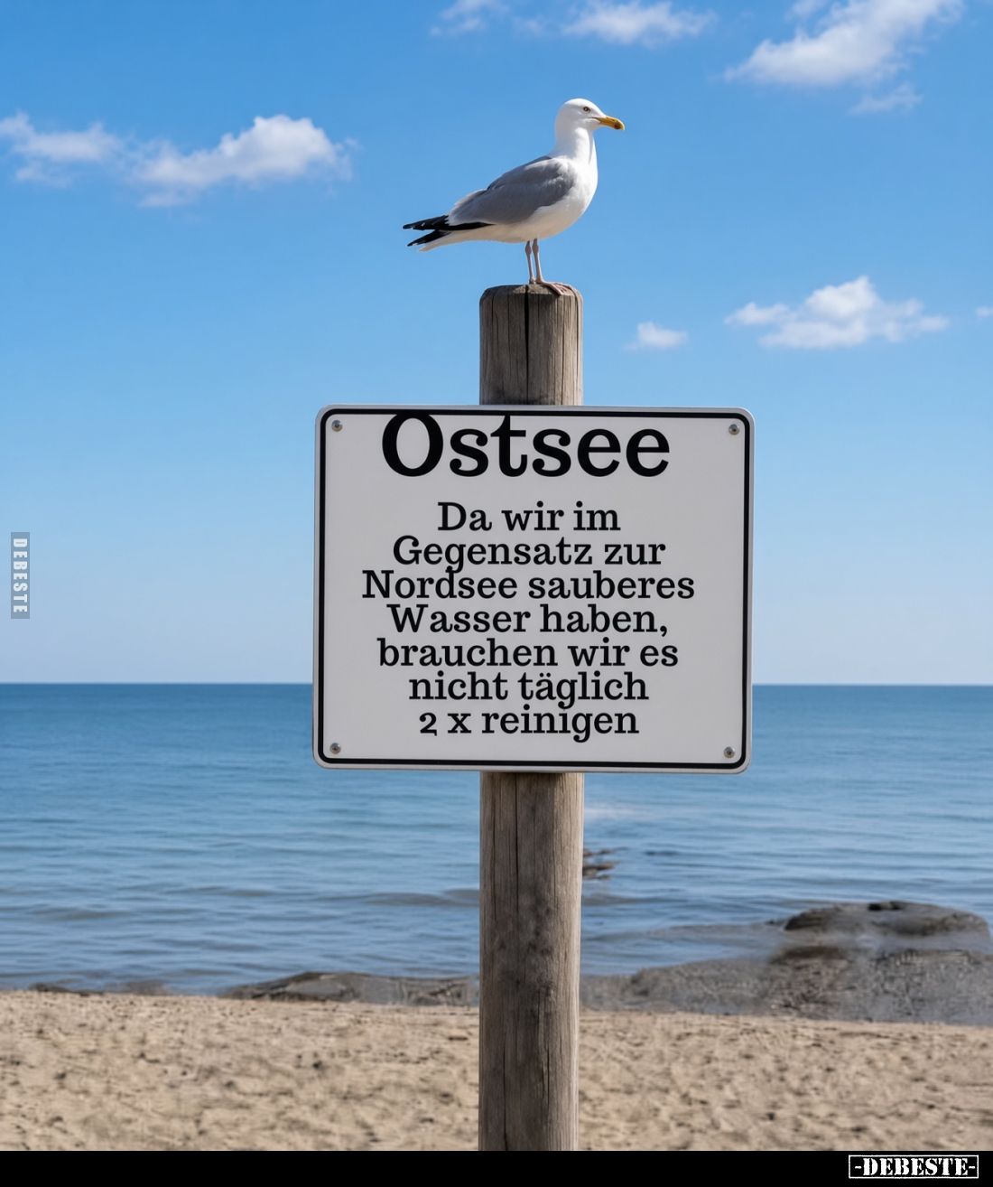 Ostsee.
Da wir im Gegensatz zur Nordsee sauberes Wasser haben, brauchen wir es nicht täglich 2x reinigen.