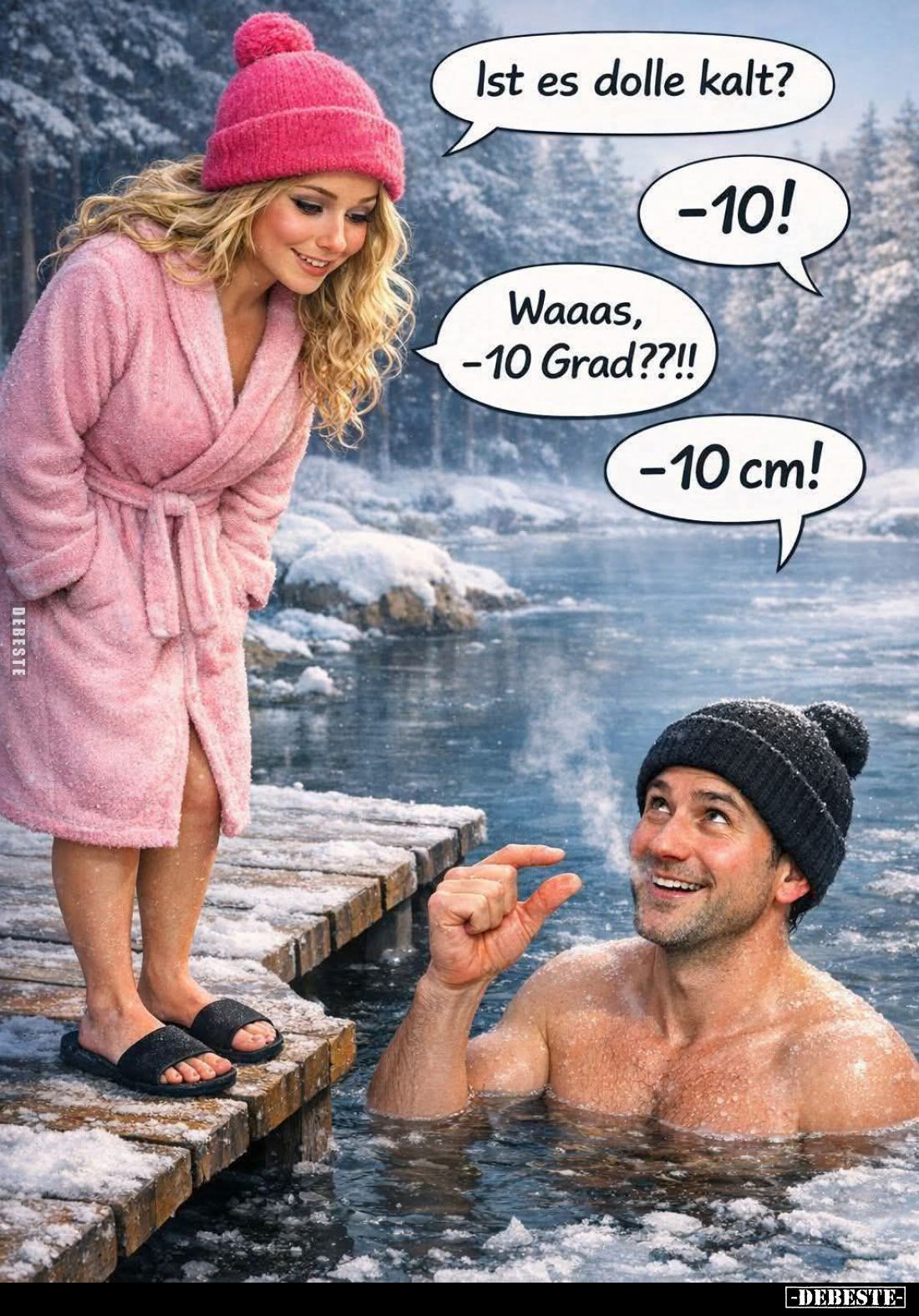 Ist es dolle kalt? -
-10! -
Waaas, -10 Grad??!! -
-10 cm!