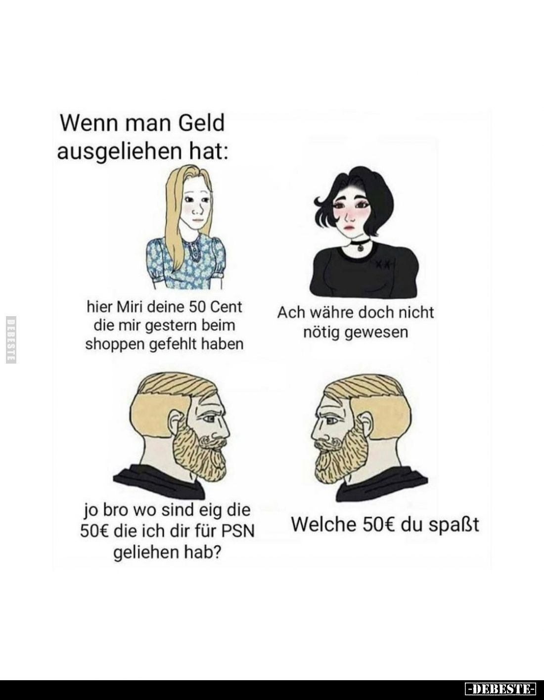 Wenn man Geld ausgeliehen hat: Hhier Miri deine 50 Cent die mir gestern beim shoppen gefehlt haben. -
Ach währe doch nicht ...