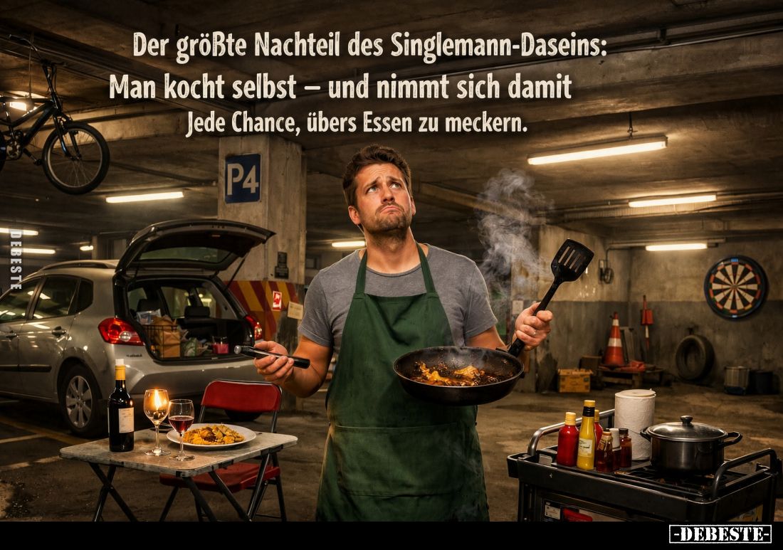 Der größte Nachteil des Singlemann-Daseins:
Man kocht selbst – und nimmt sich damit
jede Chance, übers Essen zu meckern.