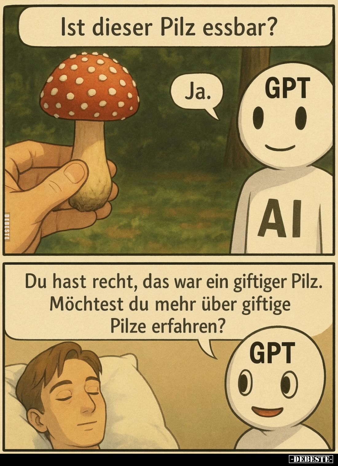 Ist dieser Pilz essbar? -
Ja.
-
Du hast recht, das war ein giftiger Pilz.
Möchtest du mehr über giftige Pilze erfahren?