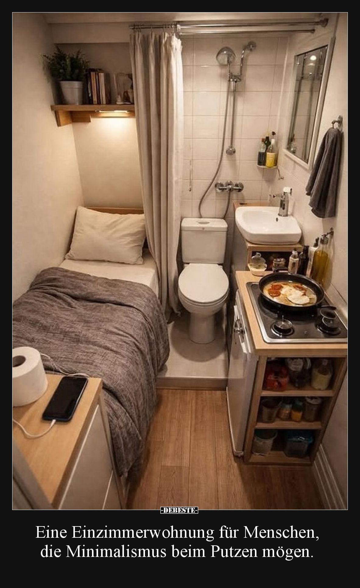 Eine Einzimmerwohnung für Menschen, die Minimalismus beim Putzen mögen.