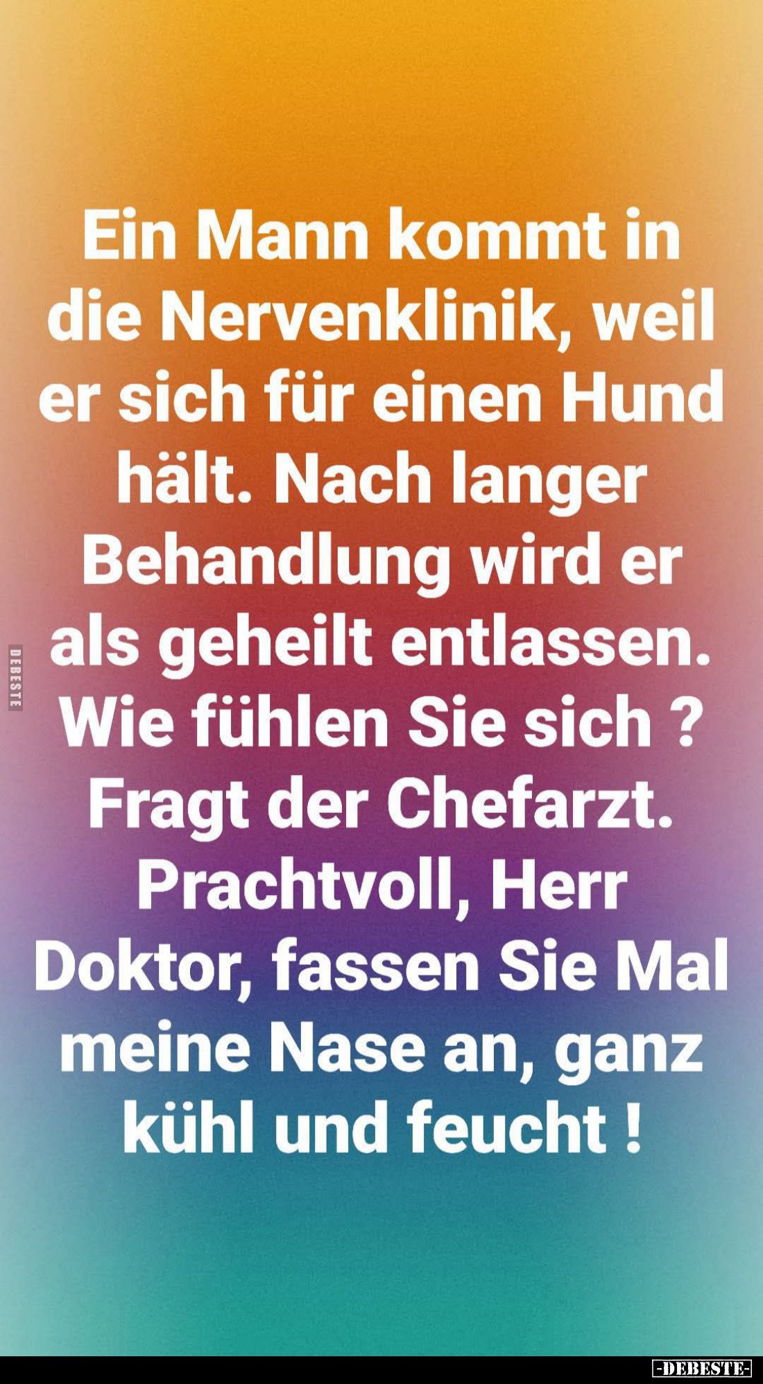 Ein Mann kommt in die Nervenklinik, weil er sich für einen Hund hält. Nach langer Behandlung wird er als geheilt entlassen.
...