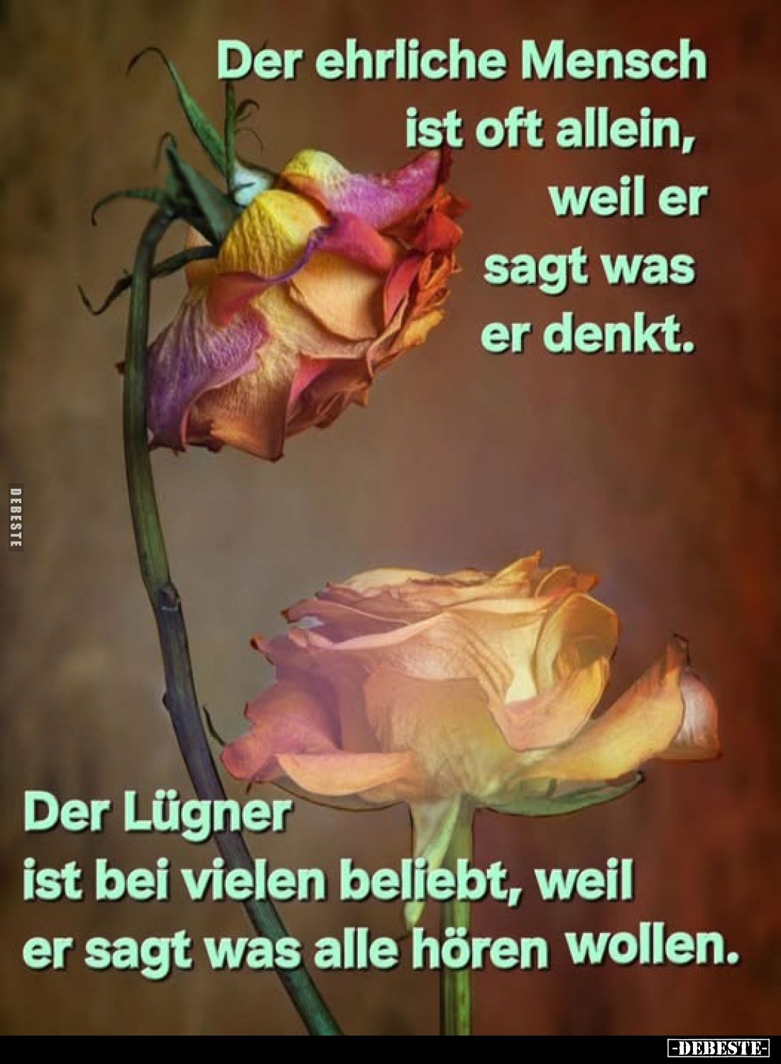 Der ehrliche Mensch ist oft allein, weil er sagt was er denkt.
Der Lügner ist bei vielen beliebt, weil er sagt was alle höre...