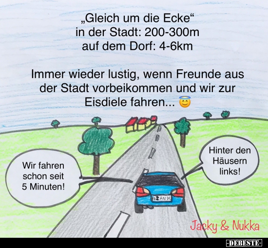 "Gleich um die Ecke" in der Stadt: 200-300m auf dem Dorf: 4-6km..