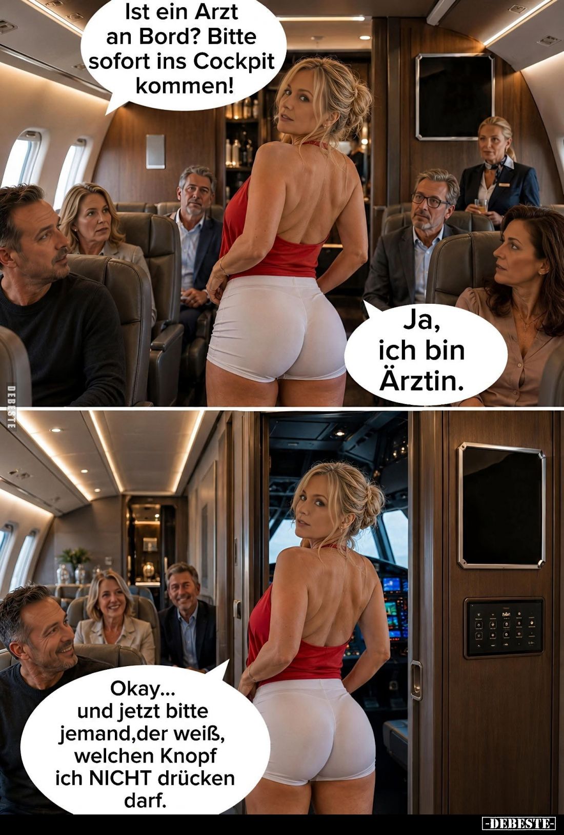 Ist ein Arzt an Bord? Bitte sofort ins Cockpit kommen!
-
Ja, ich bin Ärztin.
-
Okay... und jetzt bitte jemand, der weiß, ...