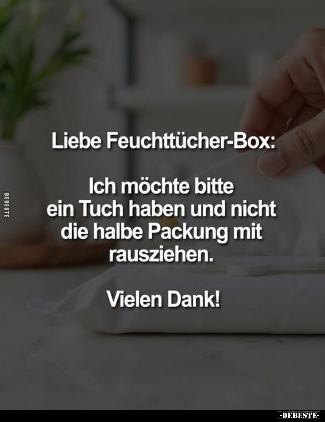 Liebe Feuchttücher-Box:
Ich möchte bitte ein Tuch haben und nicht die halbe Packung mit rausziehen.
Vielen Dank!