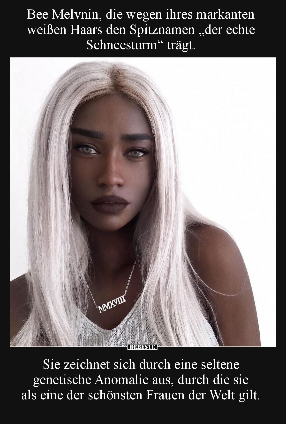 Bee Melvnin, die wegen ihres markanten weißen Haars den Spitznamen „der echte Schneesturm“ trägt. Sie zeichnet sich durch ein...
