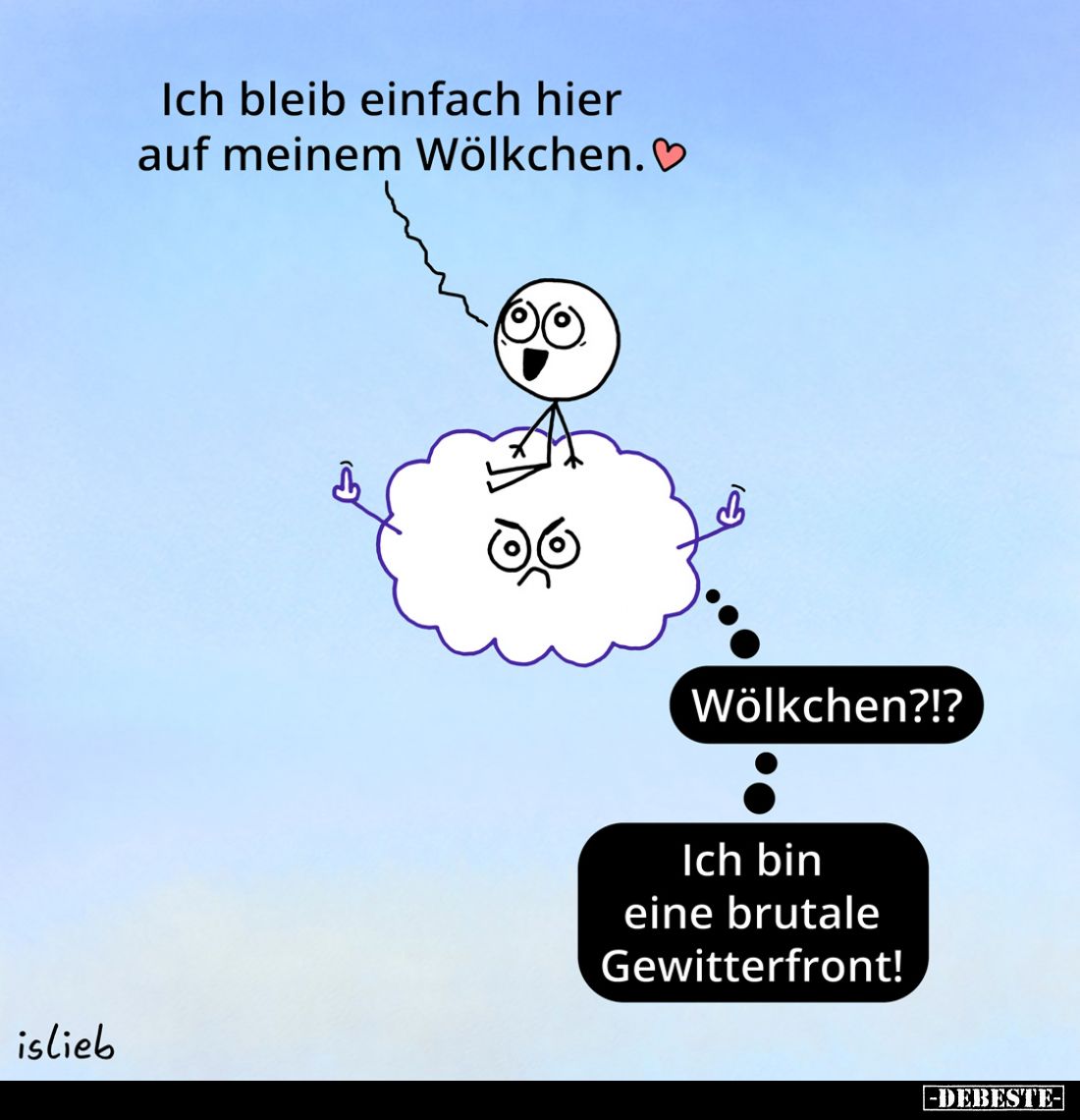 Ich bleib einfach hier auf meinem Wölkchen. 
-
Wölkchen?!? 
Ich bin eine brutale Gewitterfront!