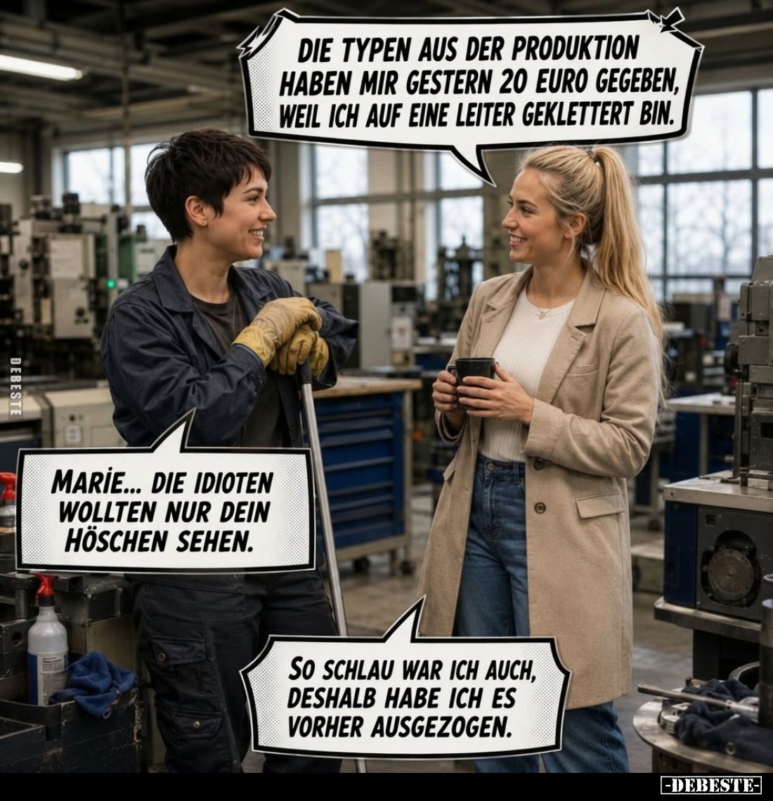 Die Typen aus der Produktion haben mir gestern 20 Euro gegeben, weil ich auf eine Leiter geklettert bin. -
Marie... die Idio...
