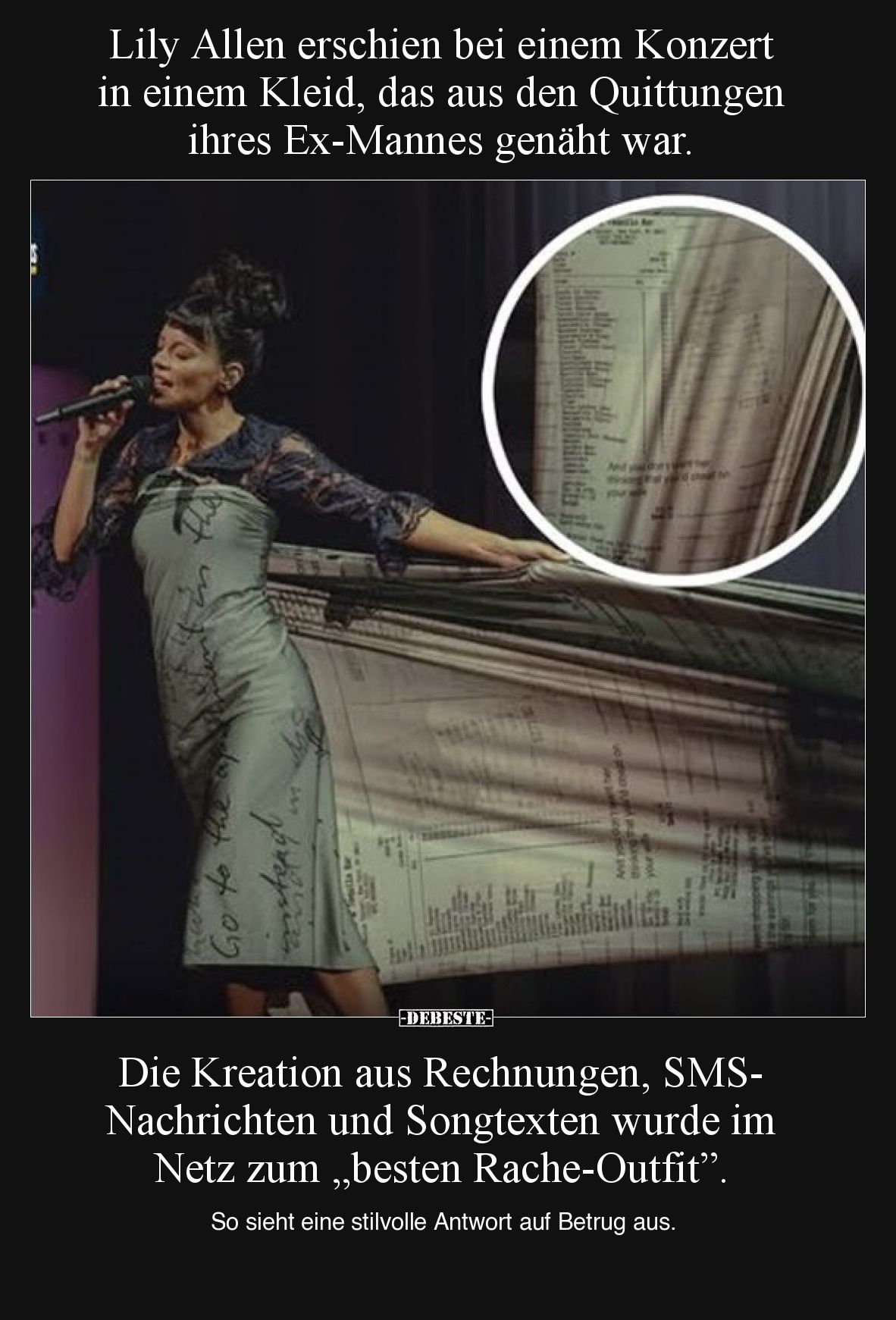 Lily Allen erschien bei einem Konzert in einem Kleid, das aus den Quittungen ihres Ex-Mannes genäht war.

Die Kreation aus ...
