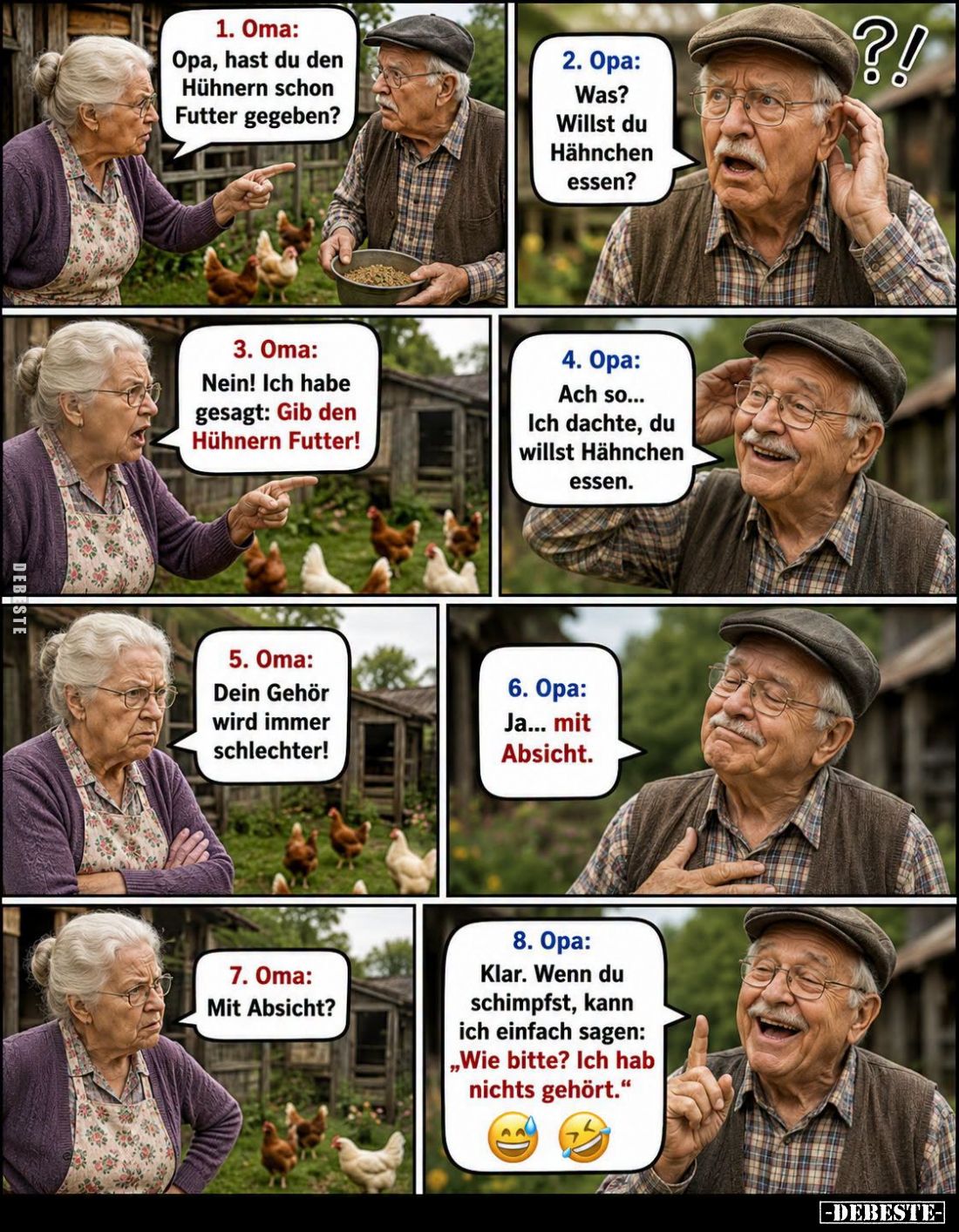 Opa, hast du den Hühnern schon Futter gegeben?
-
Was? Willst du Hähnchen essen?
-
Nein! Ich habe gesagt: Gib den Hühnern ...