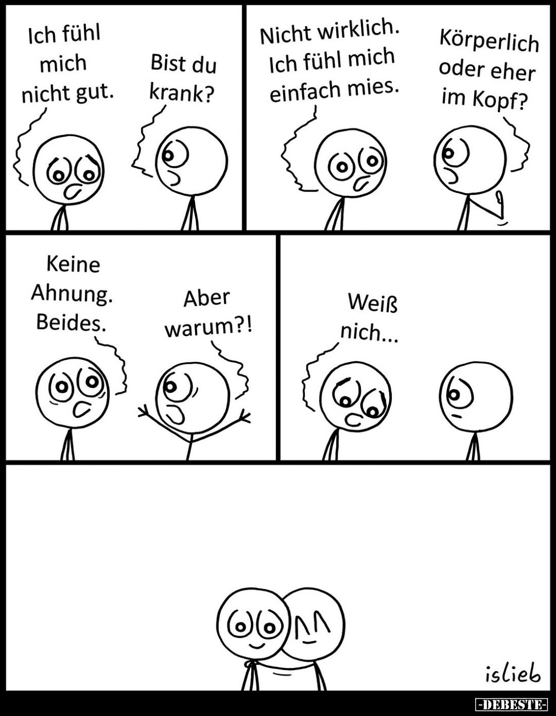 Ich fühl mich nicht gut. -
Bist du krank? -
Nicht wirklich. Ich fühl mich einfach mies. -
Körperlich oder eher im Kopf? -...