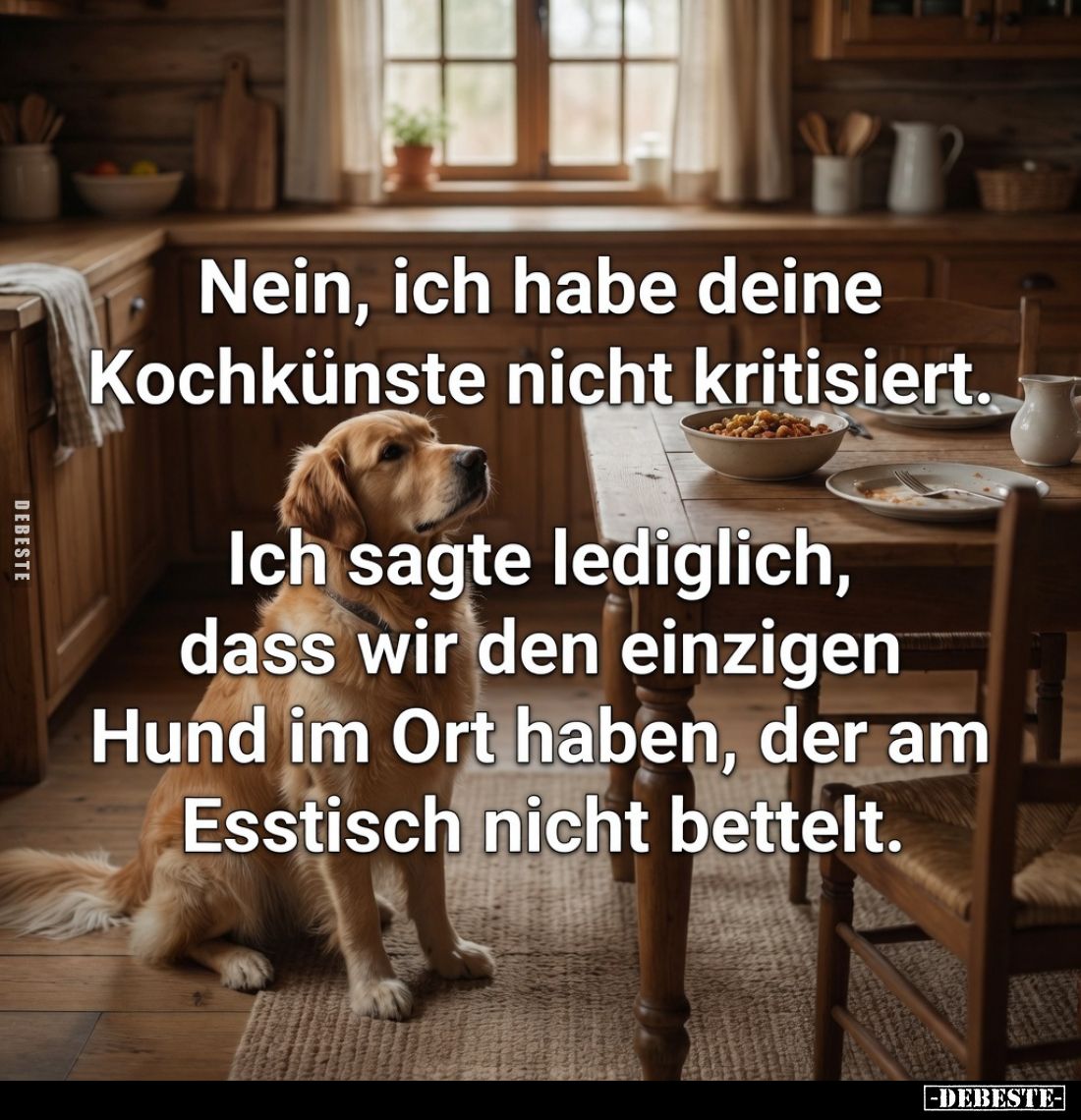 Nein, ich habe deine Kochkünste nicht kritisiert.
Ich sagte lediglich, dass wir den einzigen Hund im Ort haben, der am Essti...