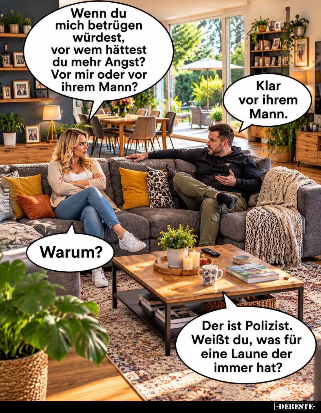 Wenn du mich betrügen würdest, vor wem hättest du mehr Angst?
Vor mir oder vor ihrem Mann? - Klar vor ihrem Mann. - Warum? -...