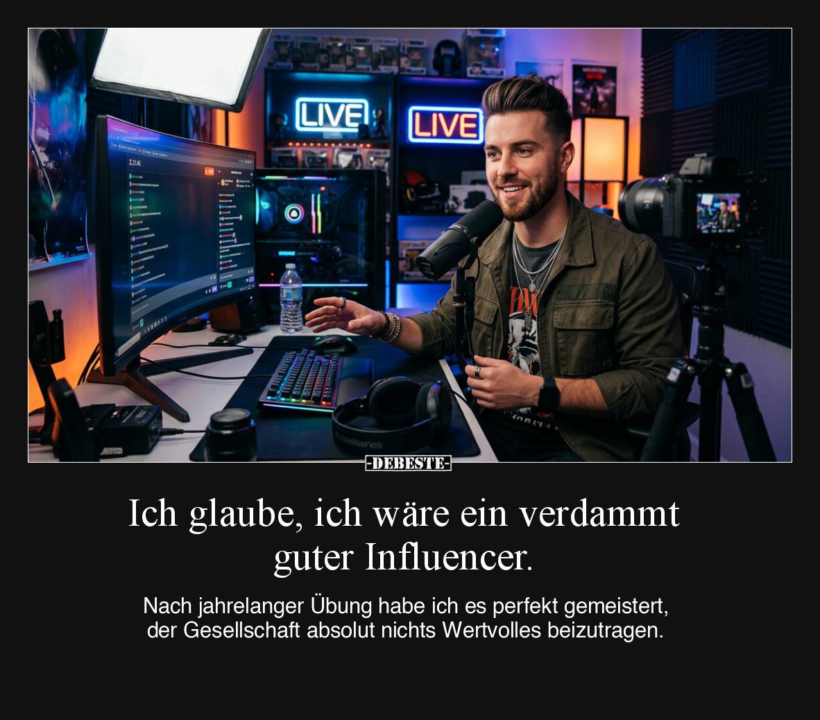 Ich glaube, ich wäre ein verdammt guter Influencer.
Nach jahrelanger Übung habe ich es perfekt gemeistert, der Gesellschaf...