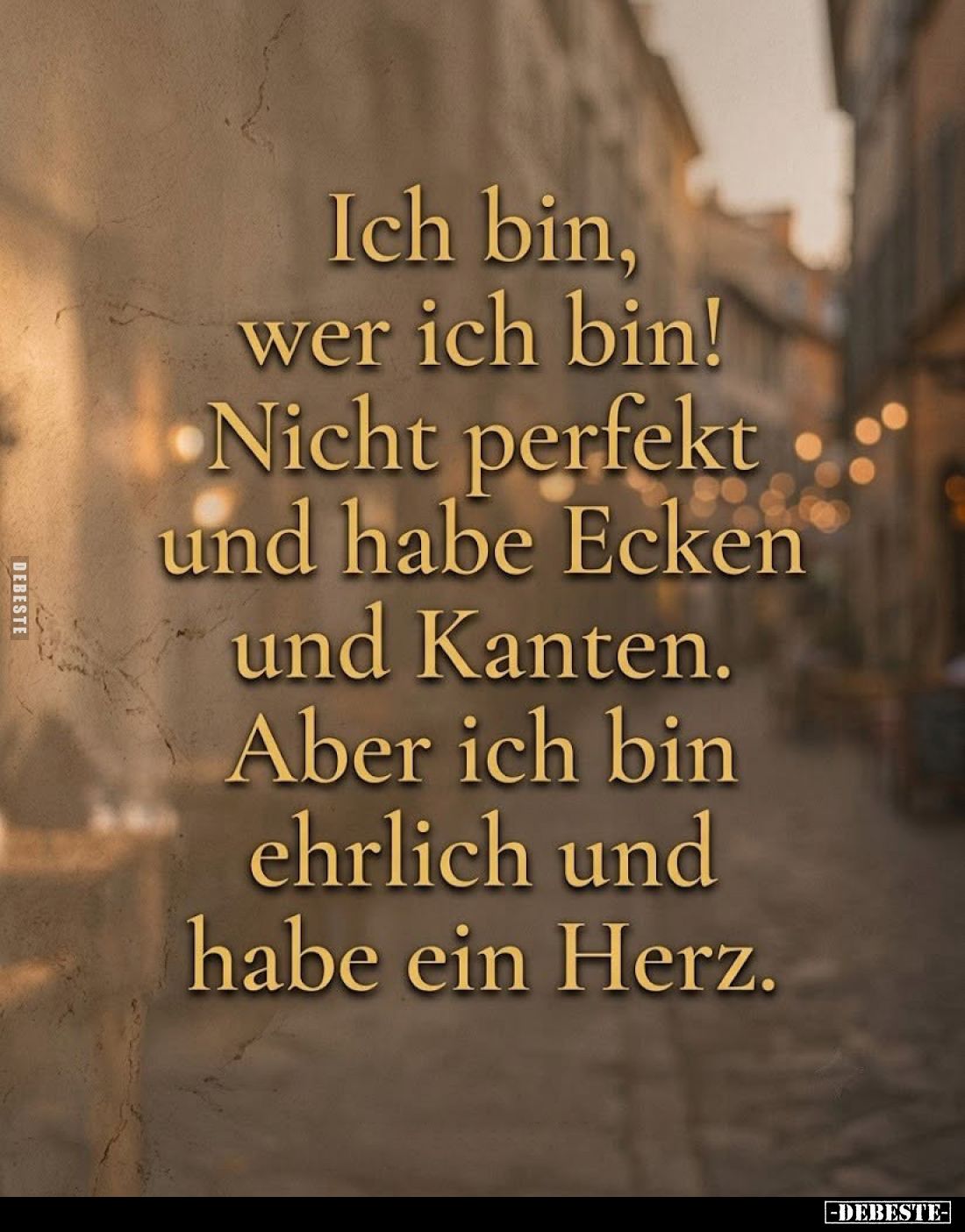 Ich bin, wer ich bin!
Nicht perfekt und habe Ecken und Kanten.
Aber ich bin ehrlich und habe ein Herz.