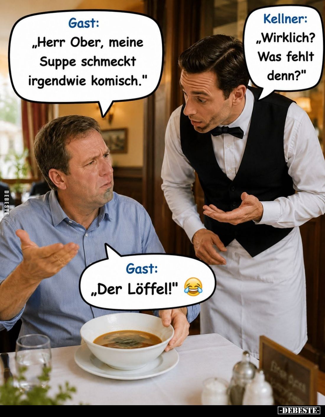 Gast: "Herr Ober, meine Suppe schmeckt irgendwie komisch." -
Kellner: "Wirklich? Was fehlt denn?" -
Gas...