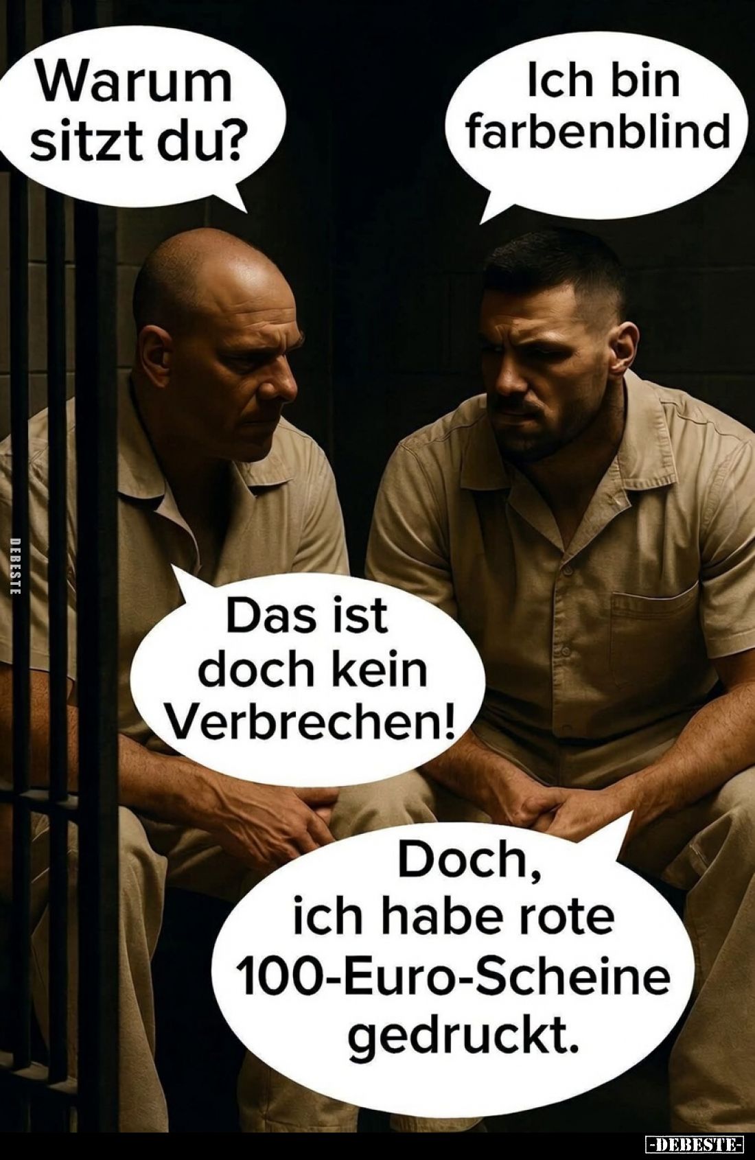 Warum sitzt du? -
Ich bin farbenblind. -
Das ist doch kein Verbrechen! -
Doch, ich habe rote 100-Euro-Scheine gedruckt....