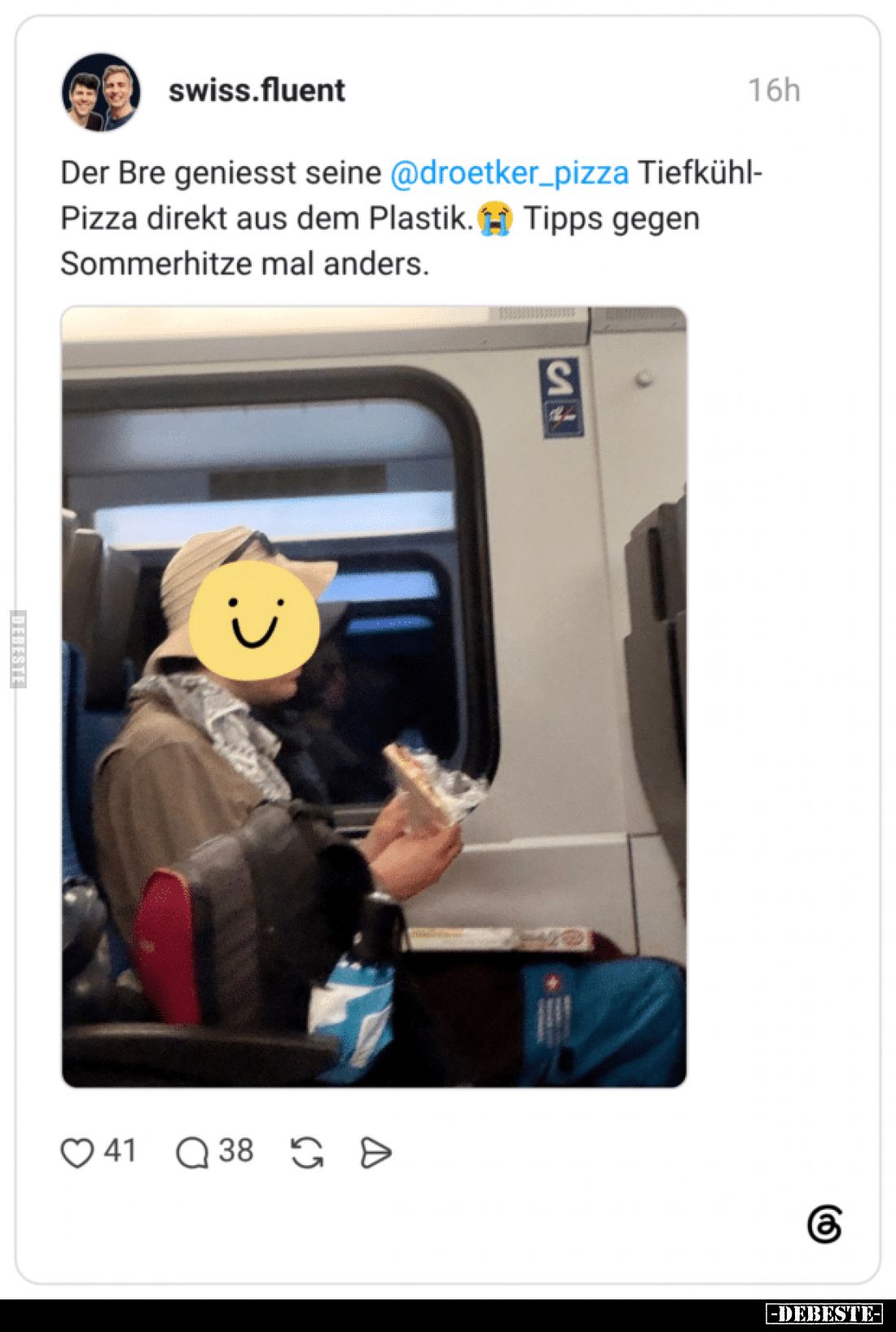 Der Bre geniesst seine @droetker_pizza Tiefkühl-Pizza direkt aus dem Plastik. Tipps gegen Sommerhitze mal anders.