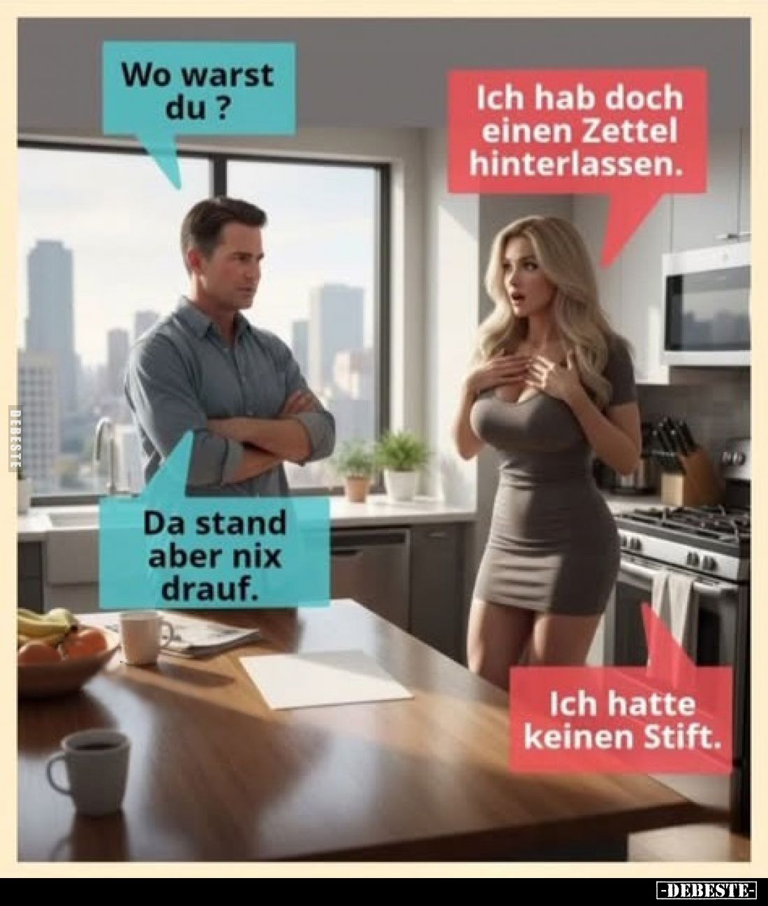 Wo warst du?
Ich hab doch einen Zettel hinterlassen.
Da stand aber nix drauf.
Ich hatte keinen Stift.