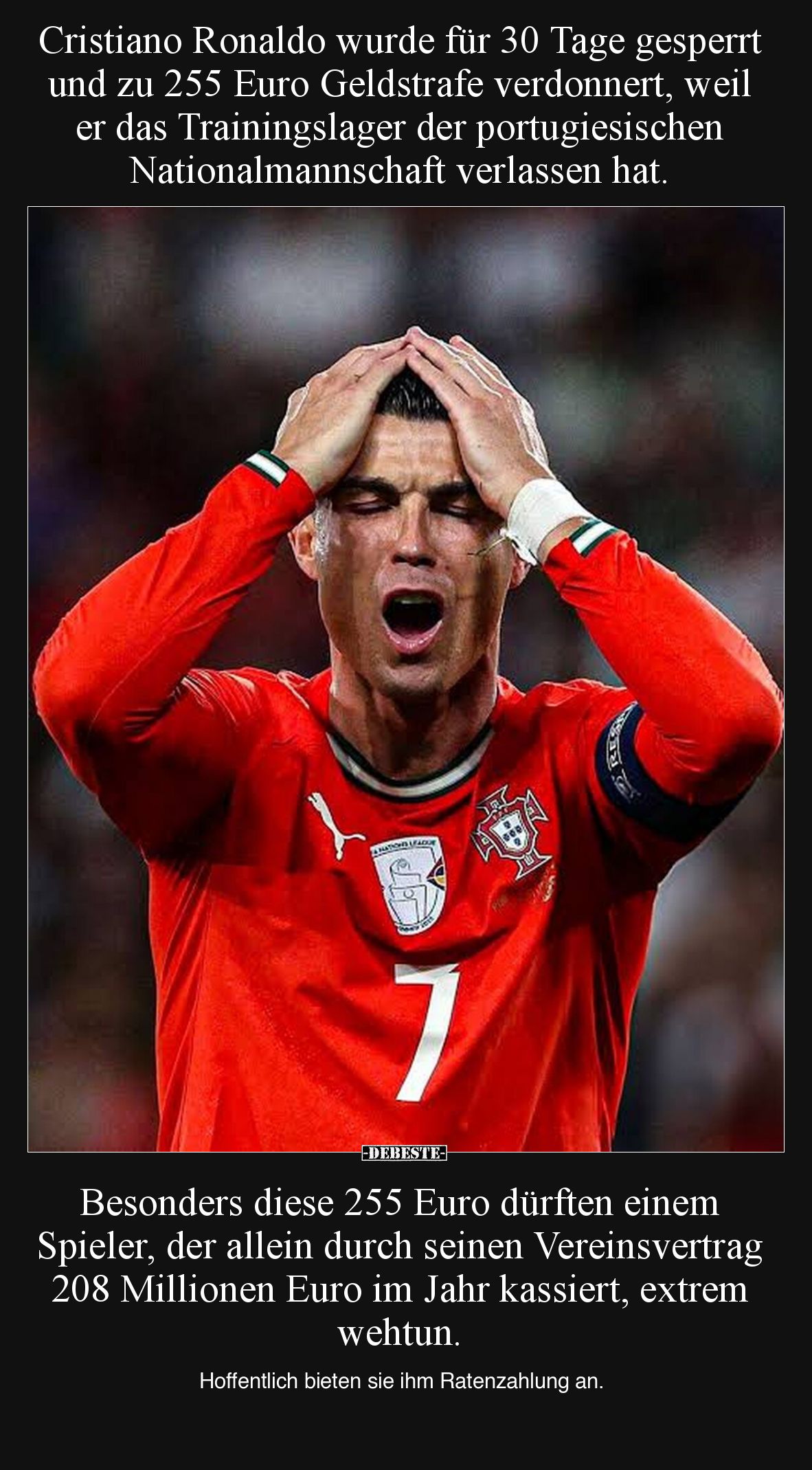 Cristiano Ronaldo wurde für 30 Tage gesperrt und zu 255 Euro Geldstrafe verdonnert, weil er das Trainingslager der portugiesi...