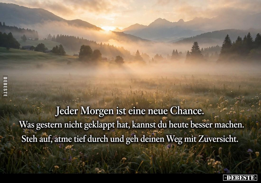 Jeder Morgen ist eine neue Chance.
Was gestern nicht geklappt hat, kannst du heute besser machen.
Steh auf, atme tief durch...