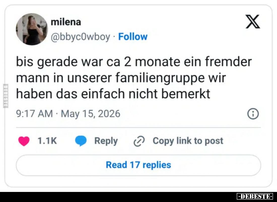 Bis gerade war ca. 2 Monate ein fremder Mann in unserer Familiengruppe.
Wir haben das einfach nicht bemerkt.
