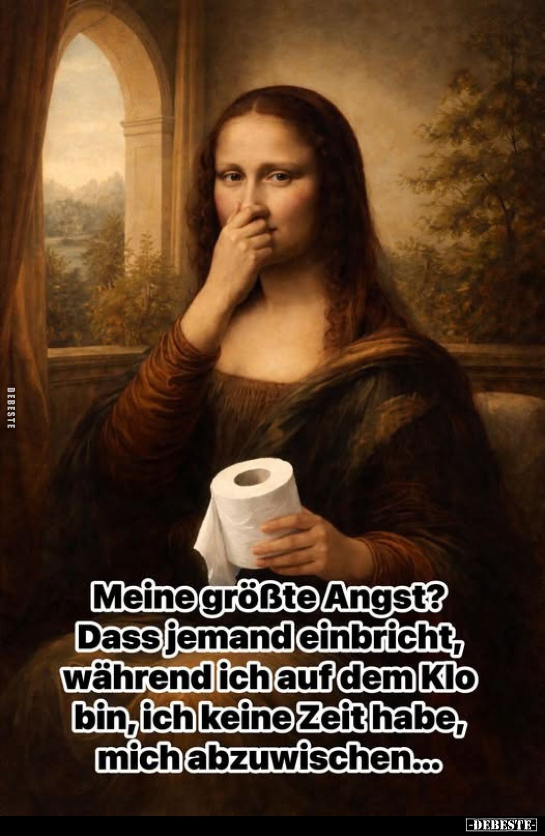 Meine größte Angst?
Dass jemand einbricht, während ich auf dem Klo bin, ich keine Zeit habe, mich abzuwischen...