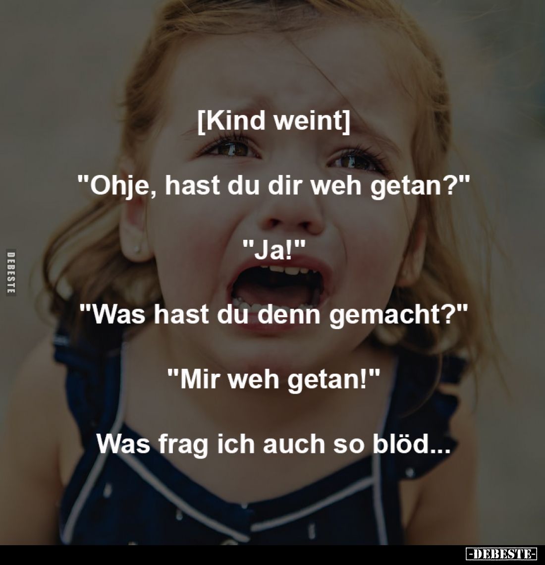 [Kind weint]
-
"Ohje, hast du dir weh getan?"
-
"Ja!"
-
"Was hast du denn gemacht?"
-
&...