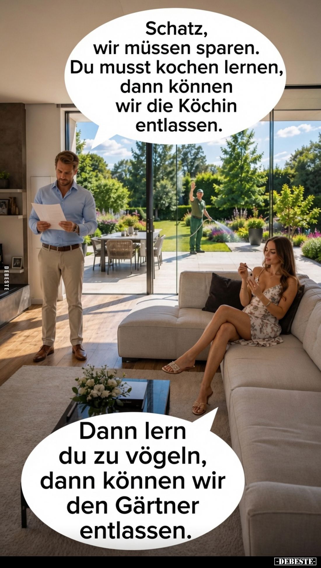 Schatz, wir müssen sparen. Du musst kochen lernen, dann können wir die Köchin entlassen.
Dann lern du zu vögeln, dann können...