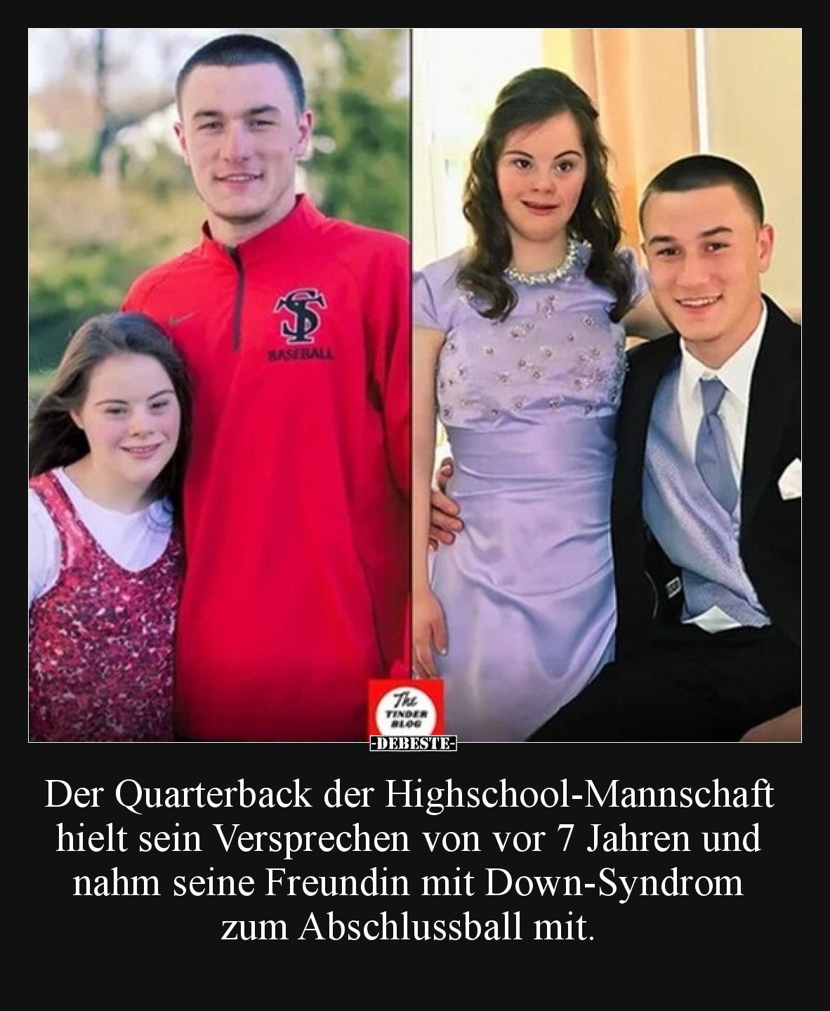 Der Quarterback der Highschool-Mannschaft hielt sein Versprechen von vor 7 Jahren und nahm seine Freundin mit Down-Syndrom zu...