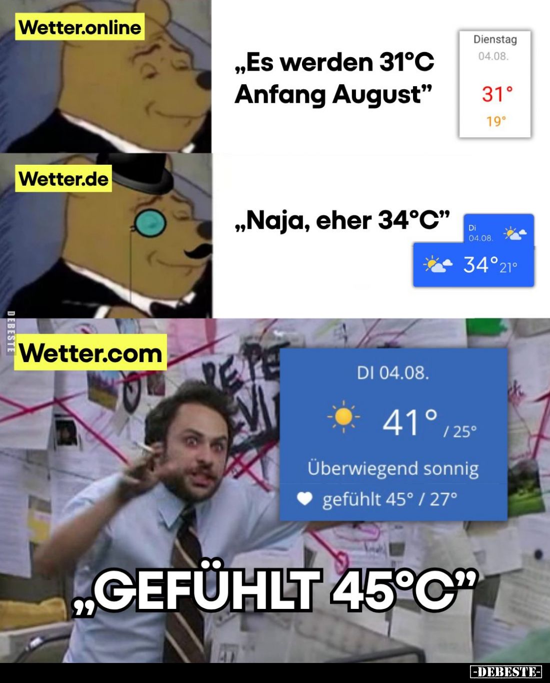 Es werden 31°C Anfang August. -
Naja, eher 34°C. -
Gefühlt 45°C.