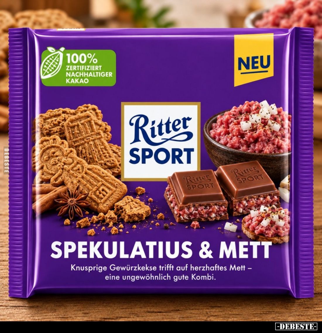 Ritter SPORT

SPEKULATIUS & METT.
Knusprige Gewürzkekse trifft auf herzhaftes Mett - eine ungewöhnlich gute Kombi.