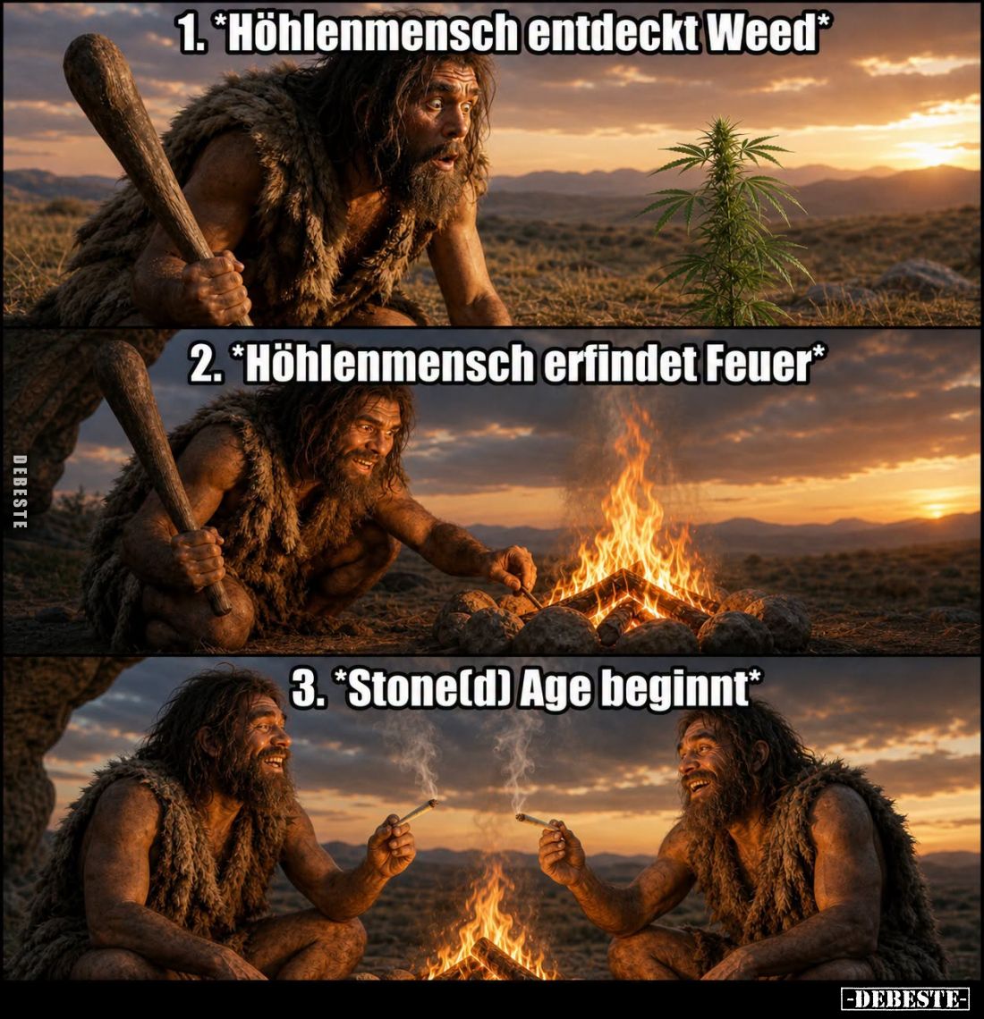 1. Höhlenmensch entdeckt Weed -
2. Höhlenmensch erfindet Feuer -
3. Stone(d) Age beginnt.