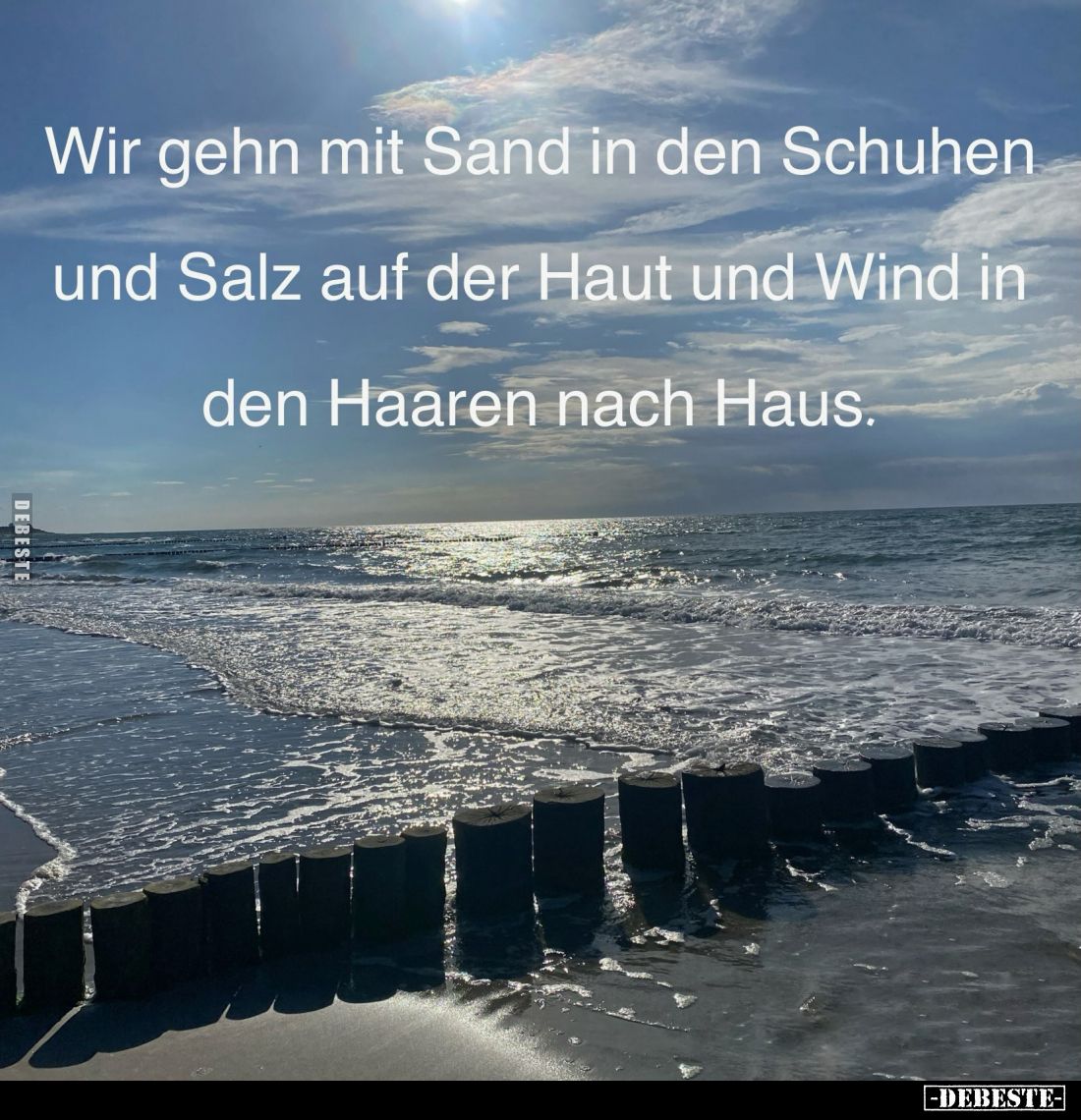 Wir gehn mit Sand in den Schuhen und Salz auf der Haut und Wind in den Haaren nach Haus.