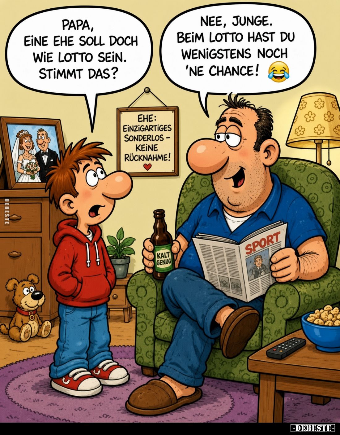 Papa, eine Ehe soll doch wie Lotto sein. Stimmt das?
Nee, Junge. Beim Lotto hast du wenigstens noch 'ne Chance!