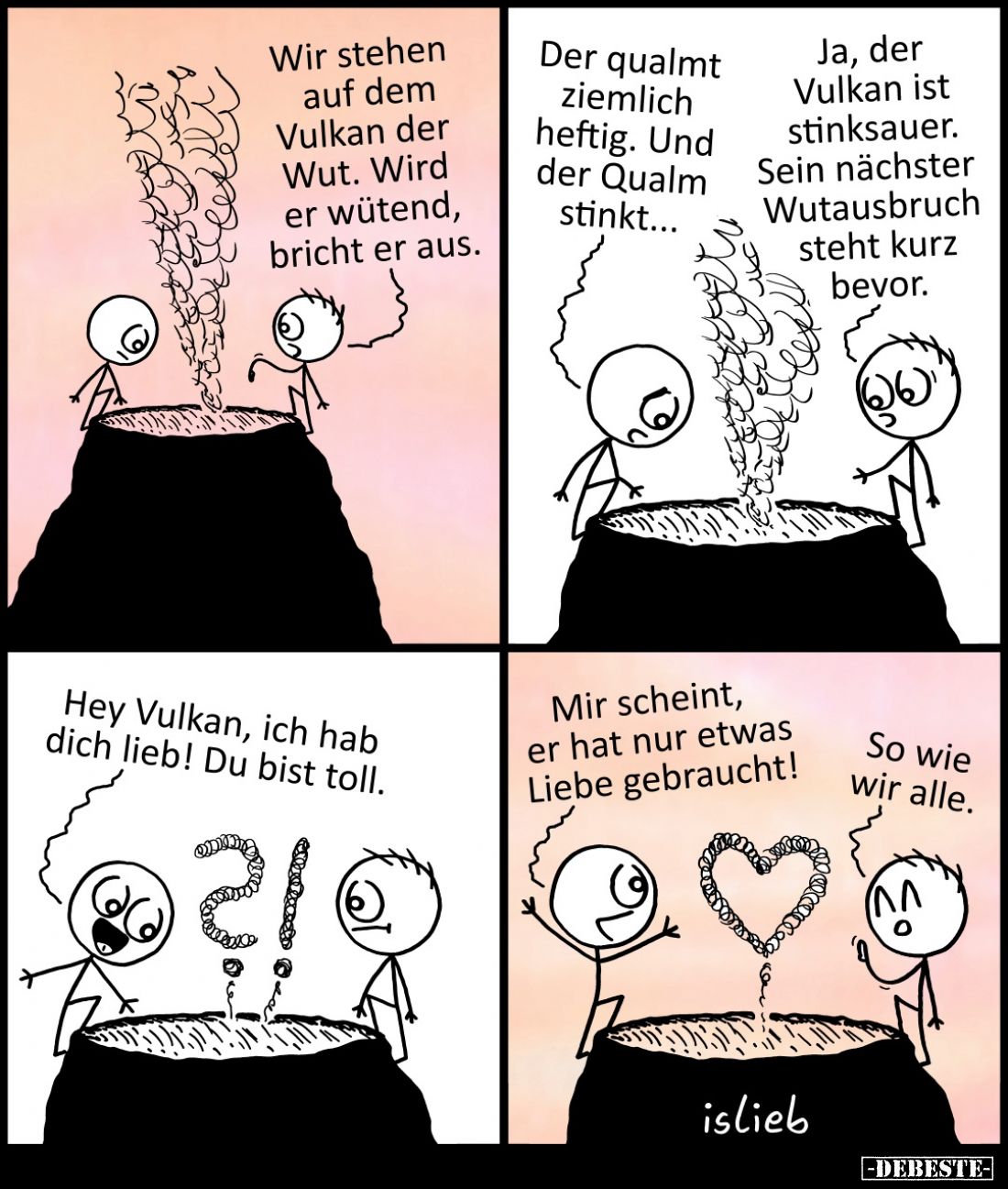 Wir stehen auf dem Vulkan der Wutz. Wird er wütend, bricht er aus.
- Der qualmt ziemlich heftig. Und der Qualm stinkt...
- ...