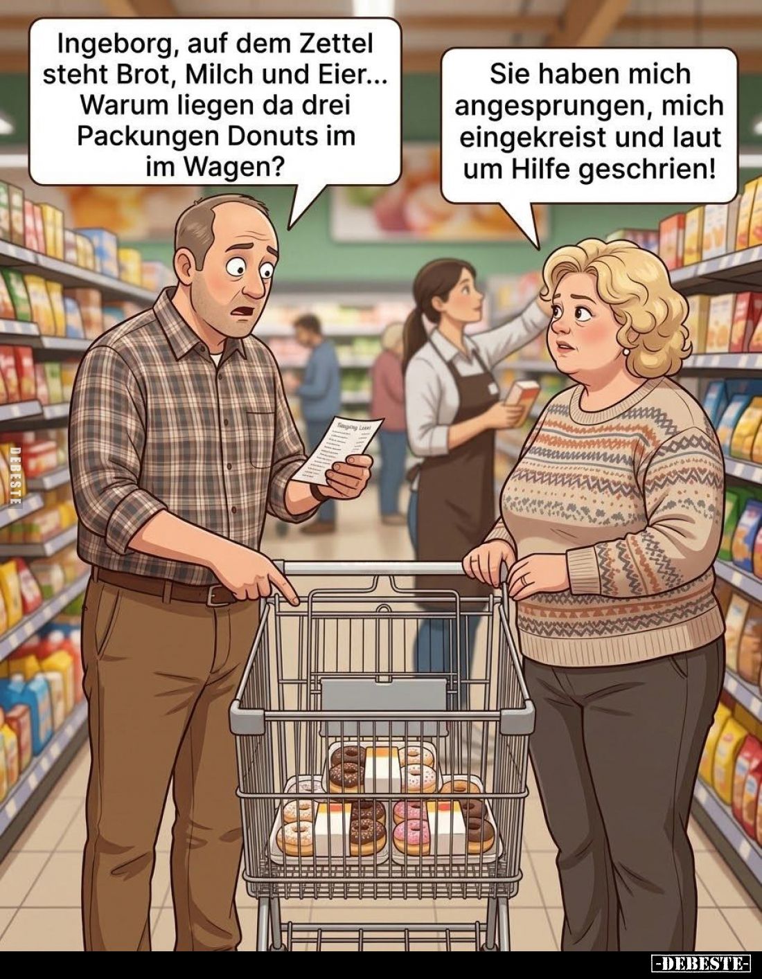 Ingeborg, auf dem Zettel steht Brot, Milch und Eier... Warum liegen da drei Packungen Donuts im im Wagen? -
Sie haben mich a...