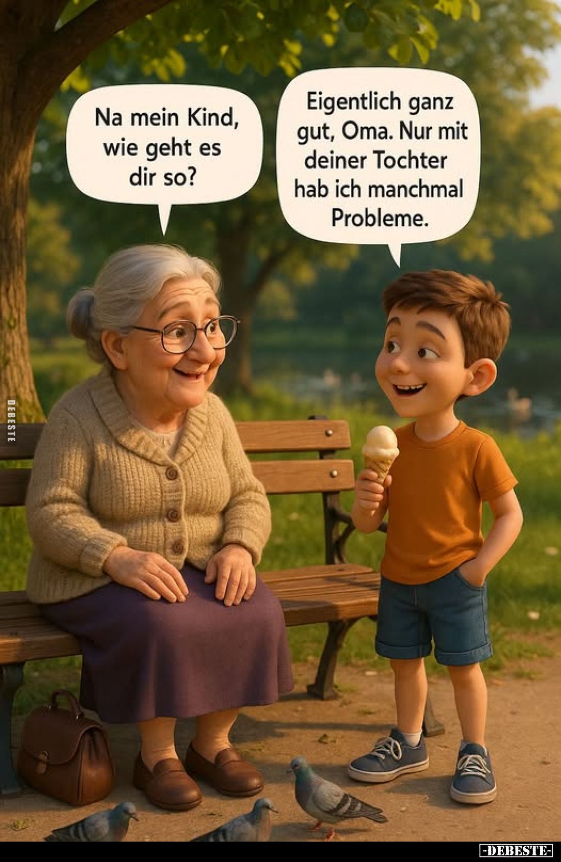 Na mein Kind, wie geht es dir so? -
Eigentlich ganz gut, Oma. Nur mit deiner Tochter hab ich manchmal Probleme.