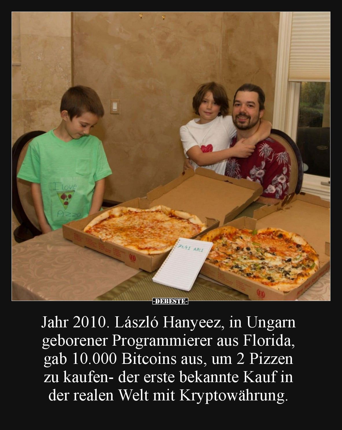 Jahr 2010. László Hanyeez, in Ungarn geborener Programmierer aus Florida, gab 10.000 Bitcoins aus, um 2 Pizzen zu kaufen- der...