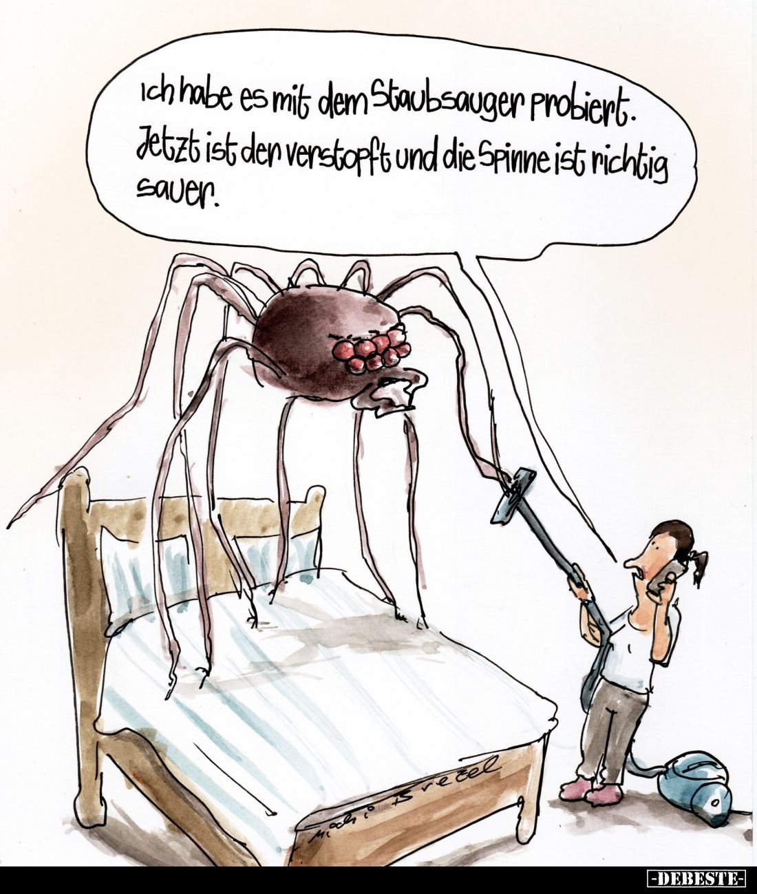 ich habe es mit dem Staubsauger probiert. Jetzt ist den verstopft und die Spinne ist richtig sauer.