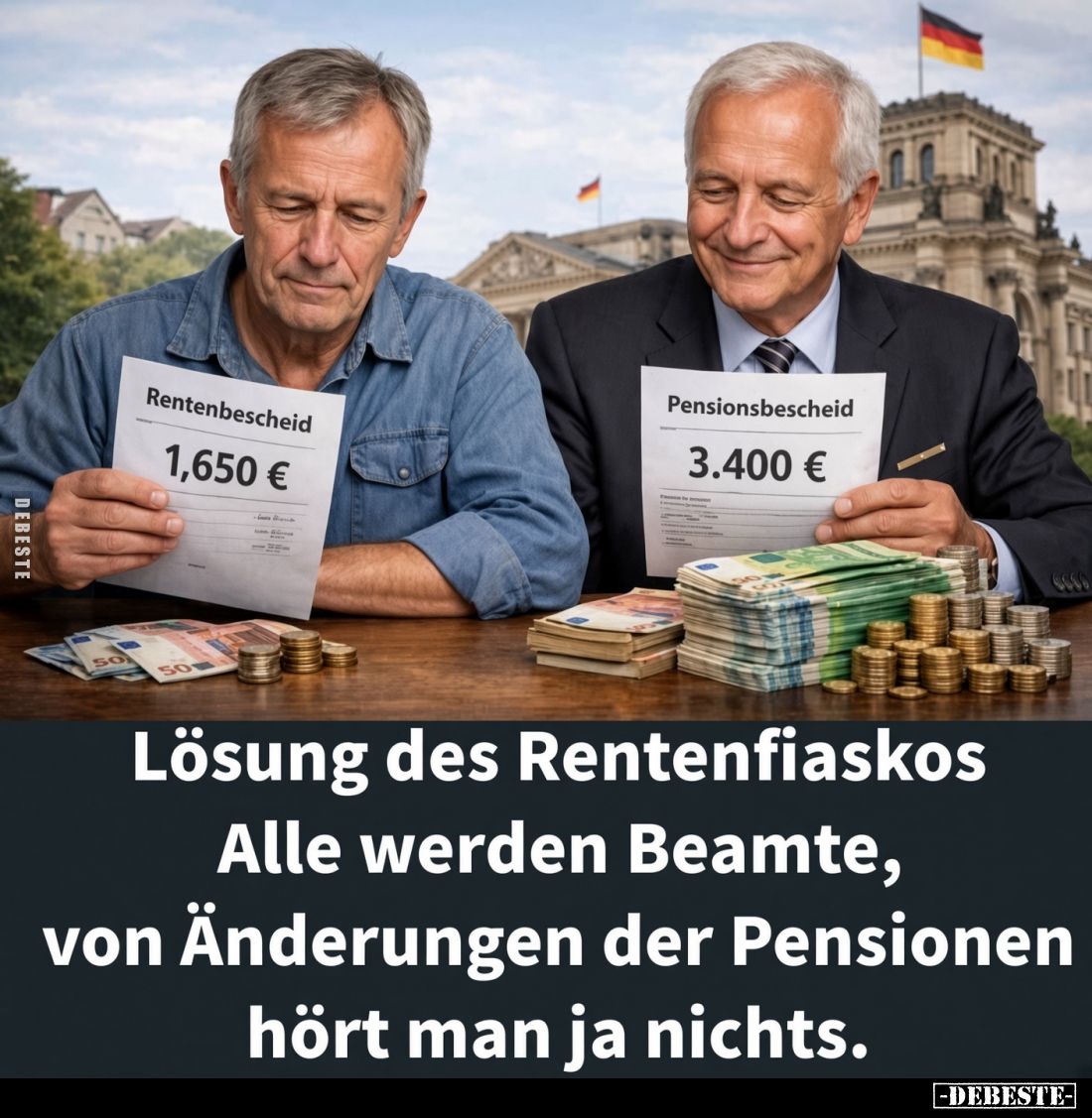 Lösung des Rentenfiaskos. -
Alle werden Beamte,
von Änderungen der Pensionen hört man ja nichts.