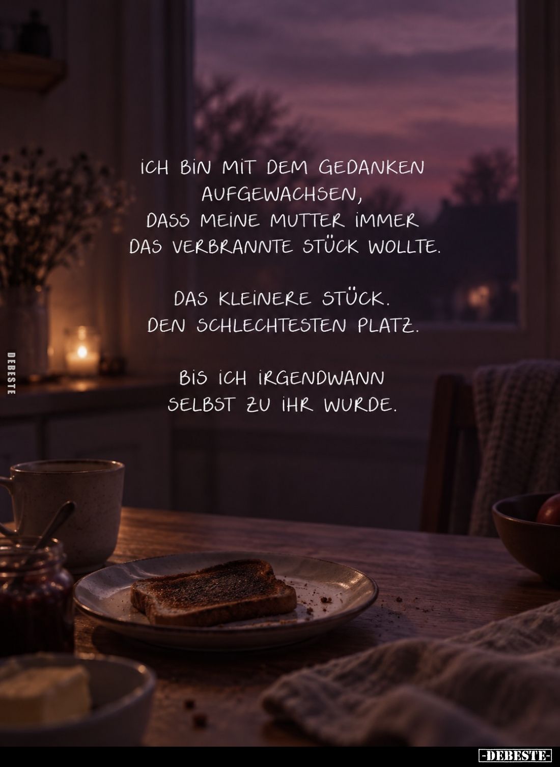 Ich bin mit dem Gedanken aufgewachsen, dass meine Mutter immer das verbrannte Stück wollte.
Das kleinere Stück. Den schlecht...