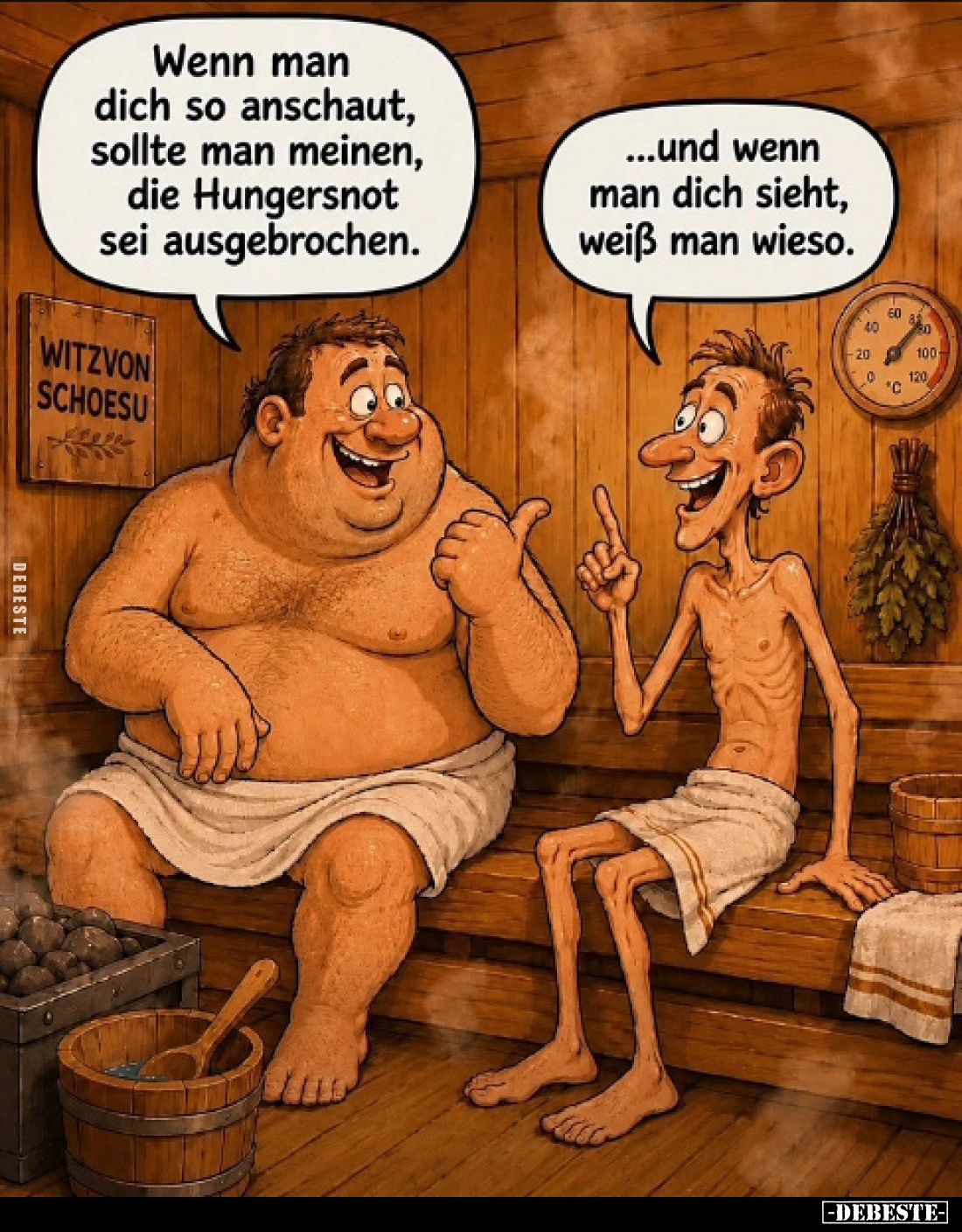 Wenn man dich so anschaut, sollte man meinen, die Hungersnot sei ausgebrochen.
-
...und wenn man dich sieht, weiß man wieso...