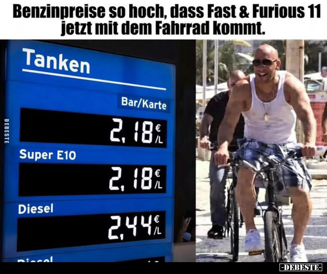 Benzinpreise so hoch, dass Fast & Furious 11 jetzt mit dem Fahrrad kommt.
