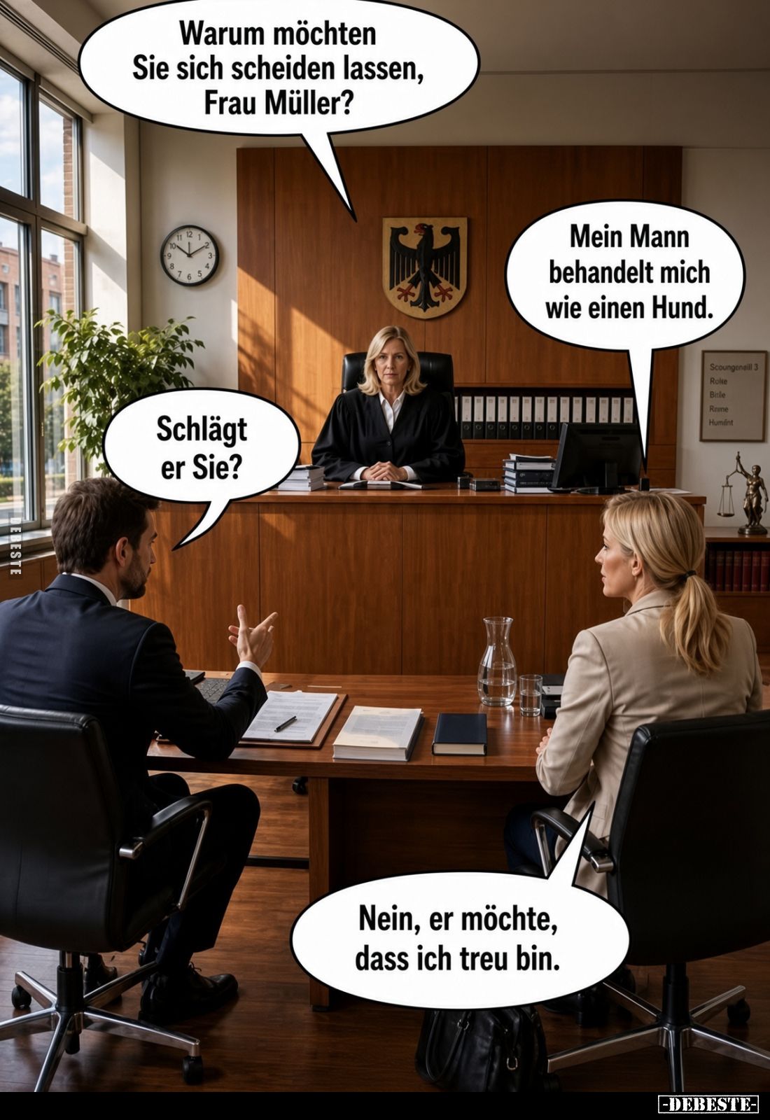 Warum möchten Sie sich scheiden lassen, Frau Müller?
-
Mein Mann behandelt mich wie einen Hund.
-
Schlägt er Sie?
-
Nei...